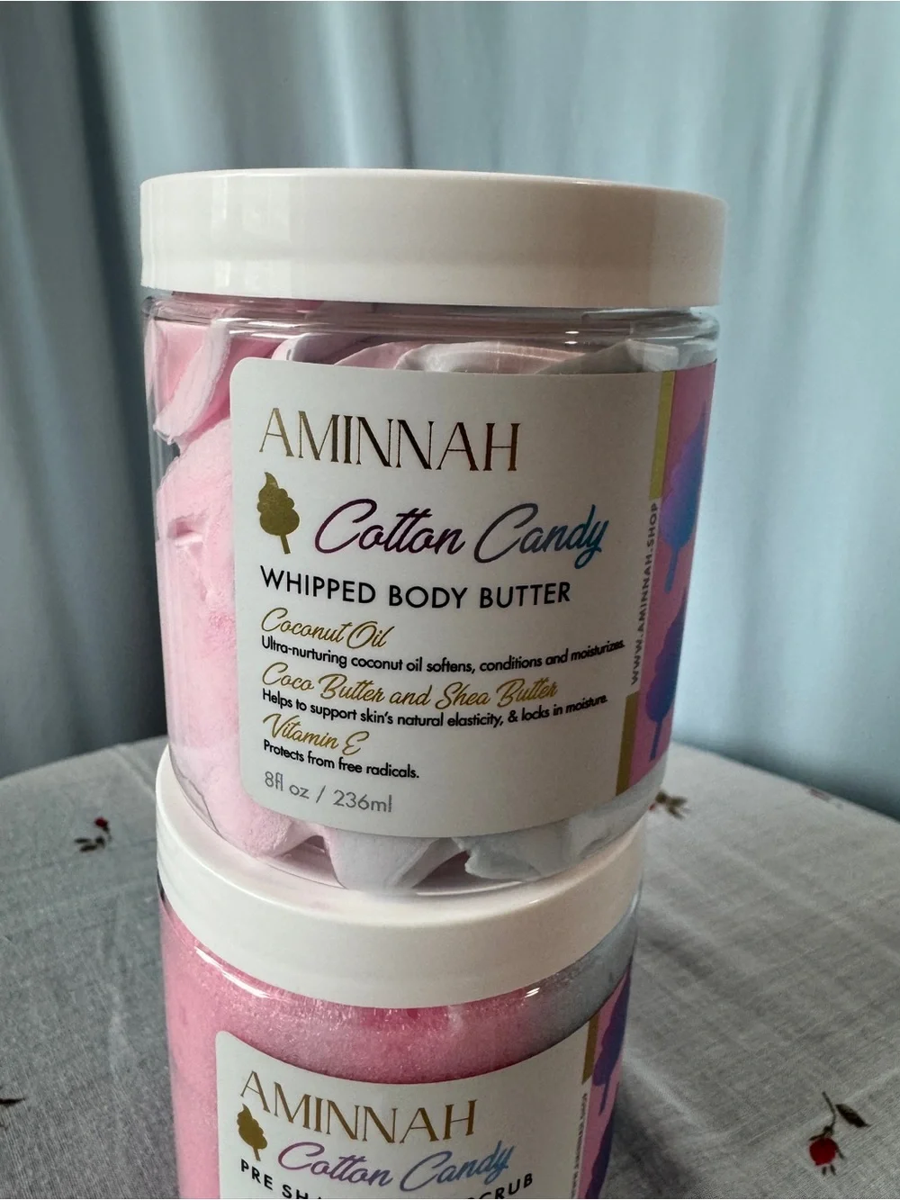 AMINNAH Cotton Candy Whipped Body Butter and Pre-Shave Sugar Scrub NWT Sealed